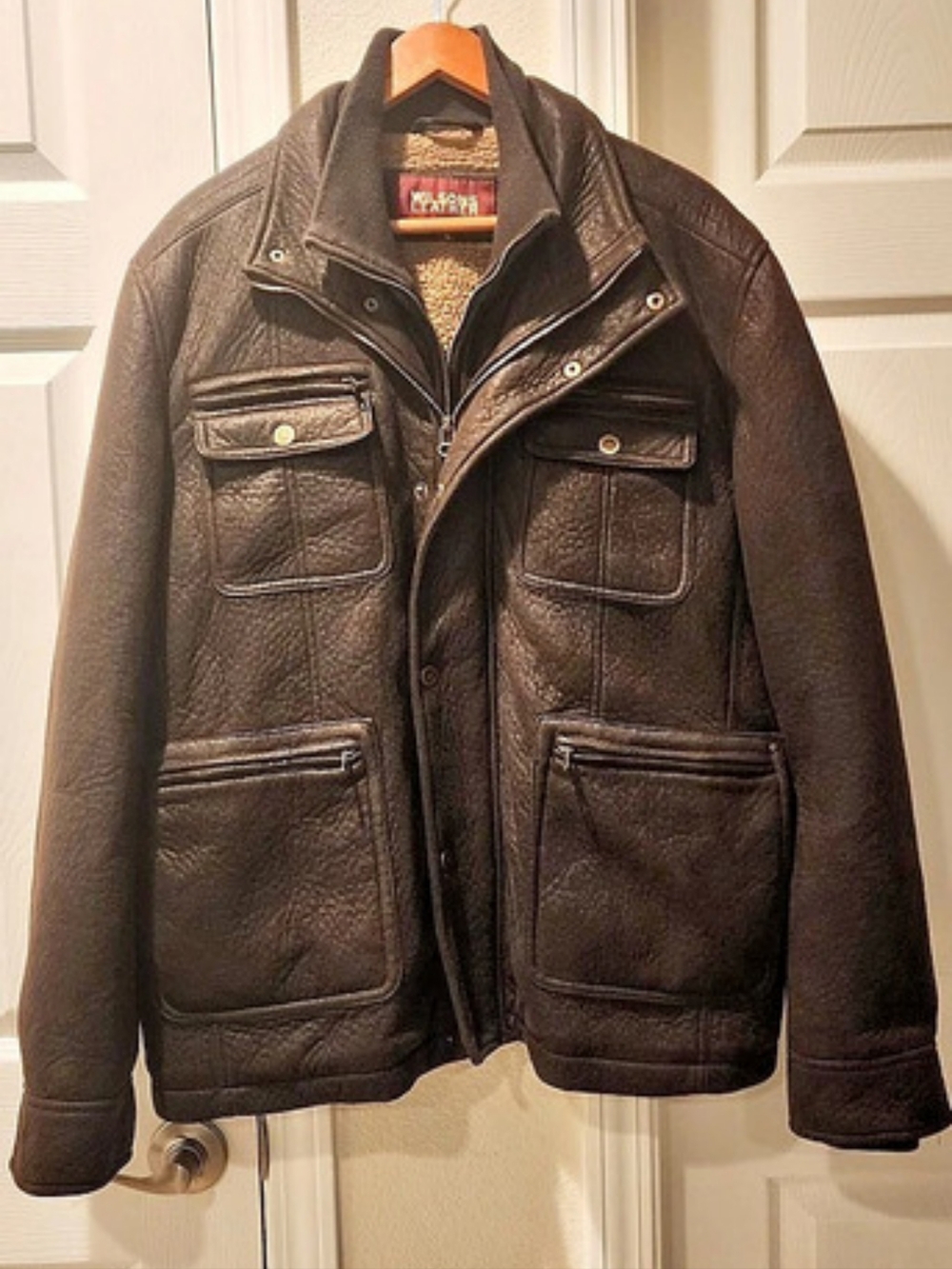 Wilsons Leather XL Brown Faux Leather Sherpa Lined Utility Moto Jacket Y2K